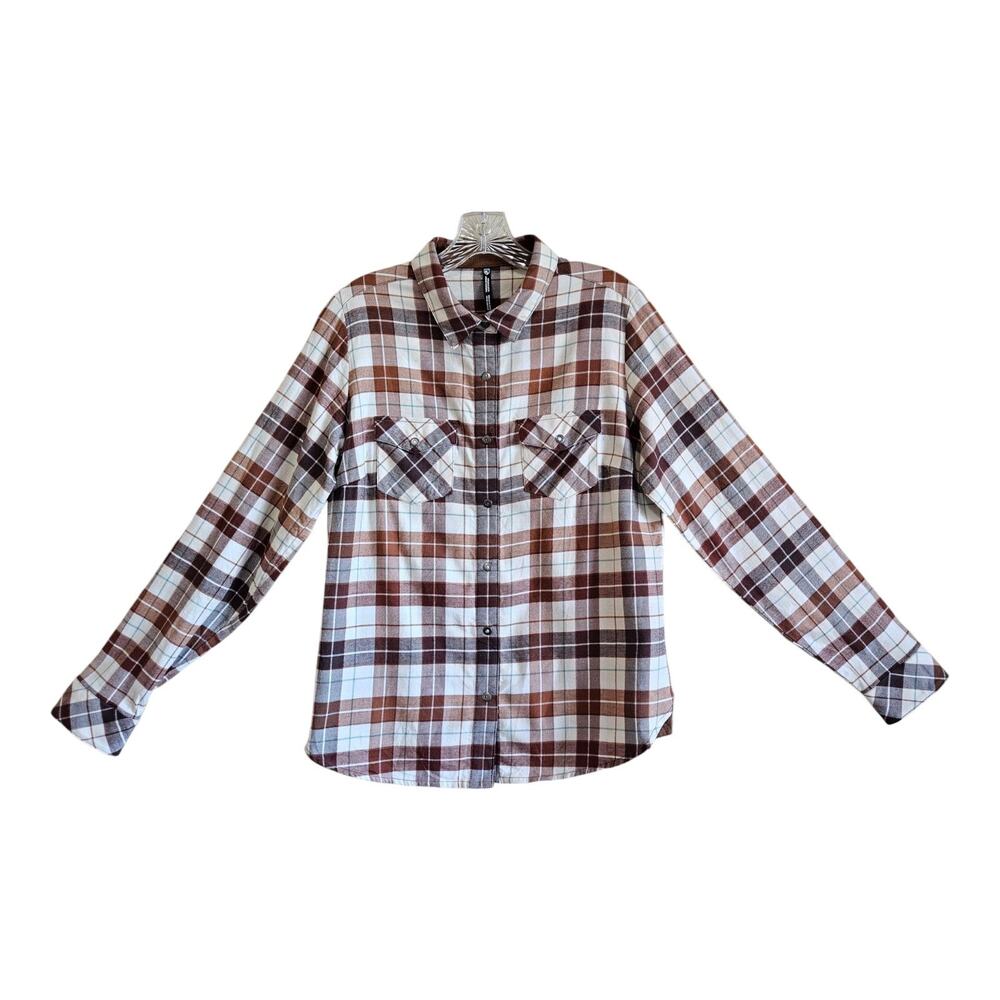 KUHL Women M Tess Flannel Shirt Snaps Corduroy Trim Brown Plaid Cotton Tencel 40